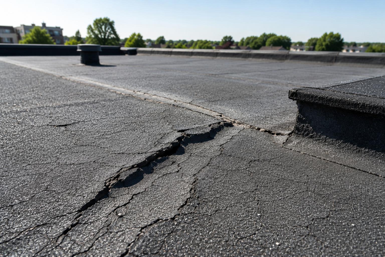 Beschadigde bitumen dakbedekking op een plat dak met scheuren en slijtage door langdurige blootstelling aan hitte en zonlicht.